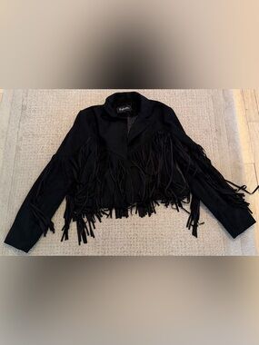 Fahsyee Black Fringe Cropped Jacket Western Moto Open Front Size S Boho Coat